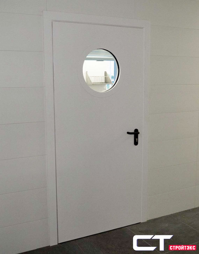 Дверь техническая ДМ-1 с остеклением D300мм и накладкой из алюминия